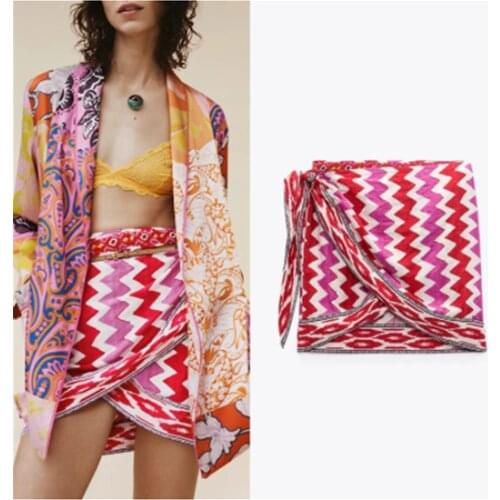 ZA 2021 Summer Women Skirts High Waist Print Short Girls Pleated Lace up Skirt Korean Style Mini Skirts for Women Streetwear