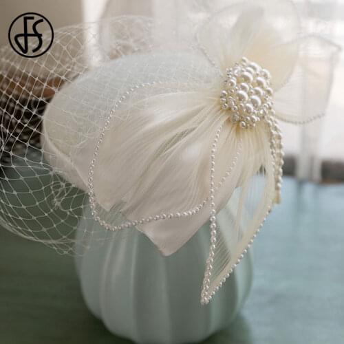 FS 2021 Retro Fascinator Hat For Wedding Women Hair Clips Elegant Ladies Lace Applique Bowknot Pearl Bride Veil Church Hats