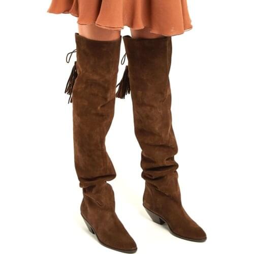 Ladies Back Fringed Lace Up Martin Boots Woman Solid Suede Tassel Thigh Boots Chunky Heels Over The Knee Boots Long Knight Boots
