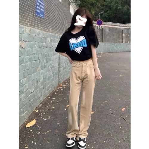 Streetwear Style Jeans Woman Spray Paint Gradient Denim Pants Women Loose Straight Jean Versatile Casual Trousers Khaki