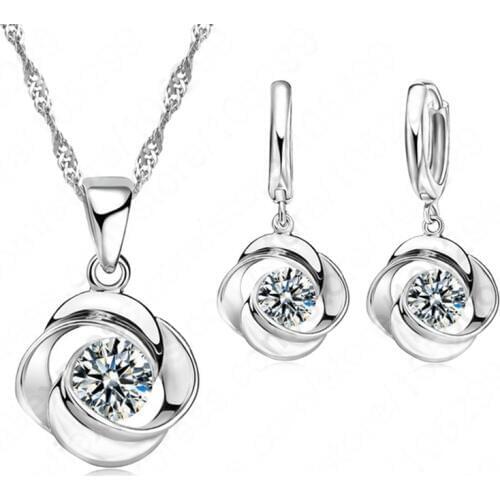 Newest Rose Shape Pendant 925 Sterling Silver Fine Jewelry CZ Necklace For Women Drop Earring Wedding Set Fast Ship