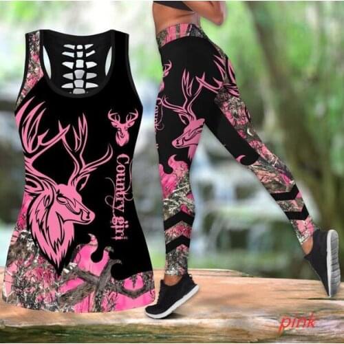 Womens Over Printed Yoga Suit Hunting Deer Country Girl Hollow Vest Tank Top High Waist Leggings Sports Ladies Suit