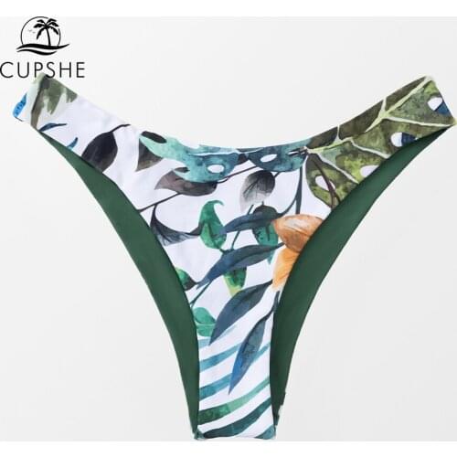 CUPSHE Reversible Bottom Green Floral Low Waist Bikini Bottom Swimsuit For Women Sexy Mid Cut Panties 2021 Separate Bikini Brief