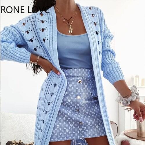 Women Casual Solid Hollow out Long Sleeve Autumn Cardigan Sweater Spring Tops