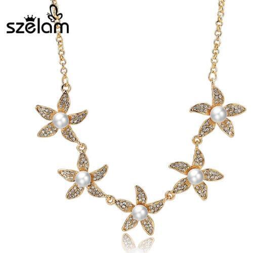 Austrian Crystal Choker Gold Chain Necklaces & Pendants Elegant Flower Simulated Pearl Necklaces For Women Jewelry Sne150860