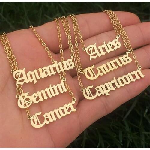 Zodiac 12 Constellation Necklace For Women Stainless Steel Letters Old English Pendant Choker Fashion Jewelry Necklaces Bff