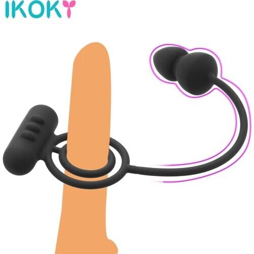 IKOKY Anal Butt Plug Vibrator Penis Ring Silicone Double Cock Ring Climax Male Prostate Massager Men Delay Ejaculation Sex Toys