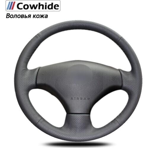 Black Genuine Leather Car Steering Wheel Cover for Peugeot 206 2007-2009 Peugeot 207 Citroen C2 2002 2003 2004 2005 2006
