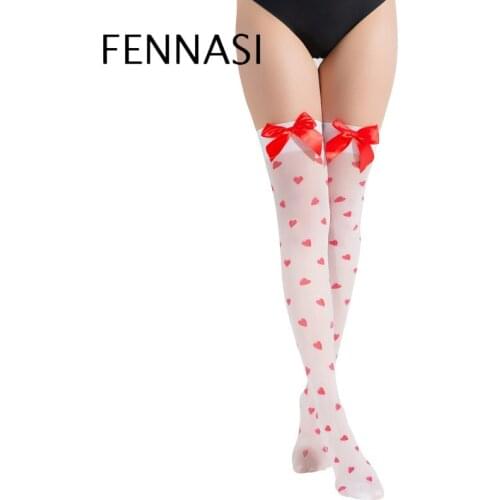 FENNASI Sexy Womens nylon transparent stockings Thigh High Red Loving Heart Bow Stockings ladies kawaii white stockings
