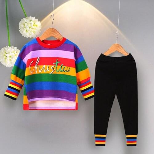 Kids Outfit Girl Clothes Set 2021 New Spring Autumn Clothes Set Korean Children Tracksuit Rainbow Top+ Striped Pants 2pcs 2-7Y