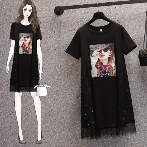 EHQAXIN Plus Size Women Rivet Dress Summer 2021 Print Patch Short Sleeve Cotton T-Shirt Patchwork Loose Mesh Asymmetric Dresses