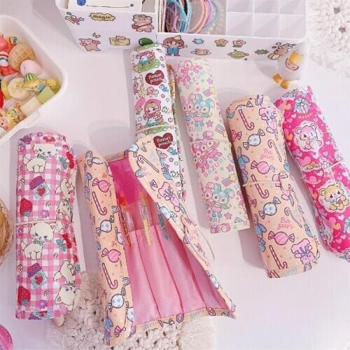 Cartoon Rabbit Canvas Pencil Case Cute Cat Art Pen Bag Pouch Wrap Roll Makeup Cosmetic Brush Pen Storage Stationery Student Gift