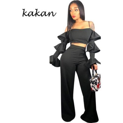 Kakan summer new hot sexy womens jumpsuit two-piece solid color strap lotus leaf sleeve jumpsuit black jumpsuit