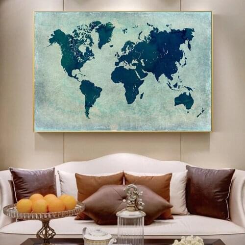 Blue World Map Picture Canvas Painting Modern HD Printed Poster Wall Decor Art Picture for Living Rroom Office Study Home Decor