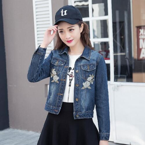 Embroidery Flower Short Spring Jacket Woman Windbreaker Clothes Autumn Slim Ripped Denim Female Jacket Jeans Streetwear Coat