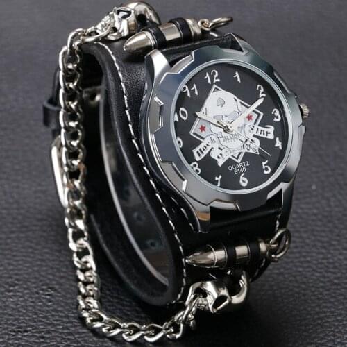Punk Bracelet Quartz Wrist watch Bullet Skull Chain Gothic Style Analog Leather watches Men Women Christmas gift hombre reloj