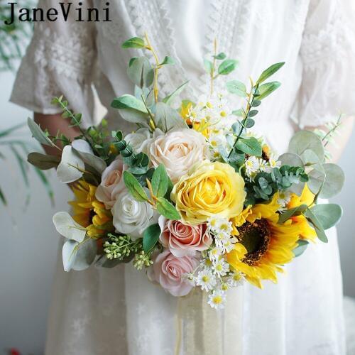 JaneVini 2020 Summer Yellow Flowers Bridal Bouquet Faux Artificial Sunflower Silk Rose Wedding Bouquet Charm Fiori Matrimonio