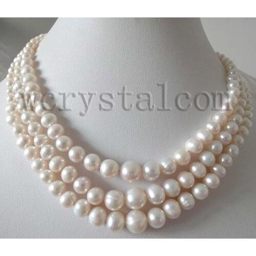 3 Row Graduated White Natural Freshwater Cultured Pearls Beads Necklace For women 2015