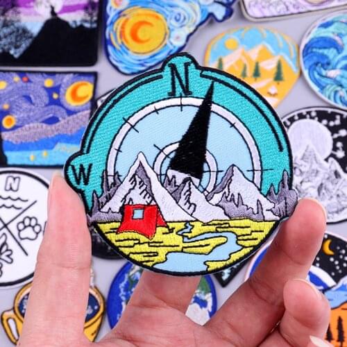 DIY Clothes Fusible Patch Compass Mountain Travel Adventure Patches On Clothes Iron On Patch Clothing Stickers DIY Badge Parche