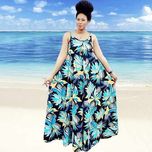 Beach Dresses Sexy Women African Summer Sleeveless Hiah Waist Print Spaghetti Strap Dress Vintage Maxi Robe Bohemian