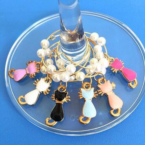 Wine charm New Fashion Kitty Cat Design 6PCS Wine Glass Charms Rings Marker Christmas Party Bar Table Decorations Christmas Gift