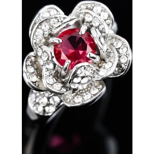 Luxury S925 Silver Plated Rose Flower Ring Micro Paved Rhinestones Red Zircorn Rings For Women Wedding Party Jewelry Gift B4Z188