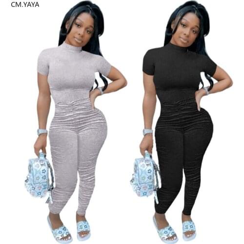 CM.YAYA Women Short Sleeve Stacked Waist Skinny Bodysuit Jumpsuit Sexy Party Club One Piece Overall Romper Playsuit