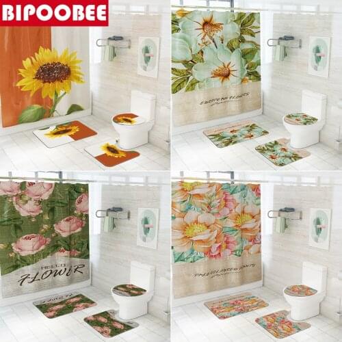 Sunflower Bathroom shower curtain waterproof Beautiful flowers Fabric Bath curtains Toilet Lid Cover Mats Non-slip Carpet