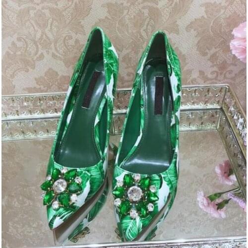 Woman Green Floral Gem Crystal High Heels Green Banana Leafs Printing Pumps Pointed Toe Diamonds Woman Stilettos 6CM or 9CM heel