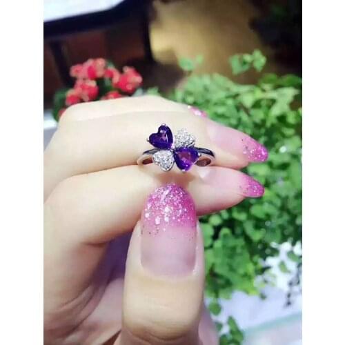 Natural amethyst Ring Natural gemstone Ring 925 sterling silver trendy Elegant heart clover womens girl party Jewelry