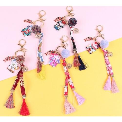 1Pc Cute Acrylic Maneki Neko Lucky Cat Sakura Keychain Key Chain Car Bag Pendent