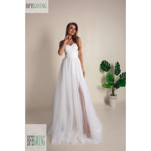 White Lace Tulle Sweetheart Spaghetti Straps Floor-Length A-Line Wedding Dresses Custom Made Layered Skirt