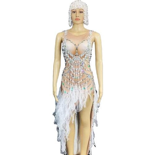 Shining Rhinestones Sequins Embellished Beaded Costume Headwear Backless Performance Dress Sleeveless Gauze Asymmetrical