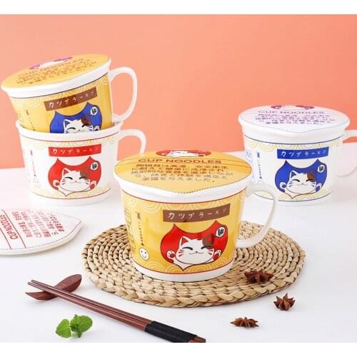 Cat noodle Cup bowl ins style creative with cover box Student lunch box instant noodle soup bowl set dinner lunch Ceramic bowl