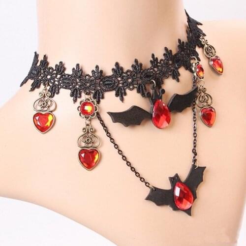Black Bats with Red Heart Crystal drops Female`s Lack Choker Necklace Halloween Fashion Accessory