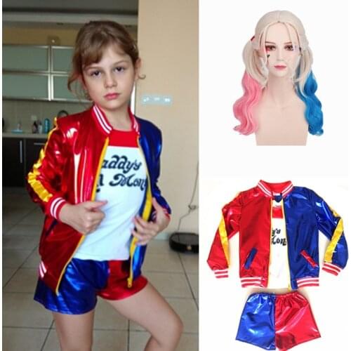 Kids Girls Cosplay Harleen Quinzel Costumes Monster T-shirts Joker Jacket Wig Baseball Bat