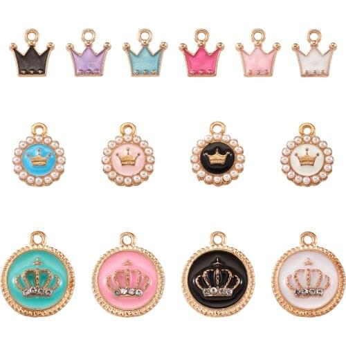 1Box Aolly Enamel Charms Flat Round Crown Pendant with Resin Imitation Pearl for Bracelet Earrings Jewelry Making Handmade Craft