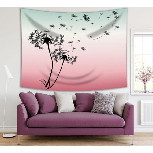 Tapestry Dandelions Flying in Wind Wild Flower Field Blooms Nature Romantic Artwork Green Pink Black