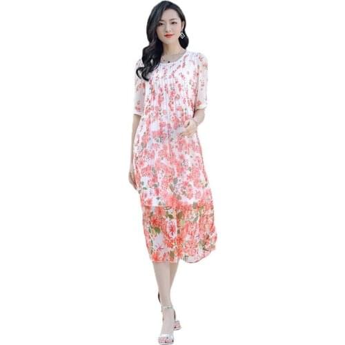 L207HT442 New 2021 Womens Spring Clothing Elegant Temperament Loose Large Size Pleating round Neck 100% Silk Dress