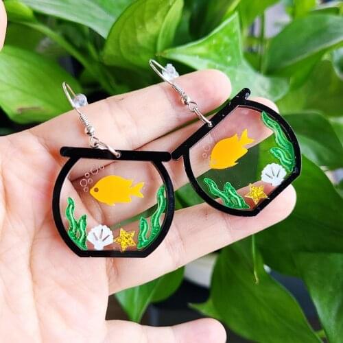 2021 New Personalized Goldfish jar Earrings for women Transparent Acrylic Water Grass Goldfish Pendant Summer Hanging Earrings