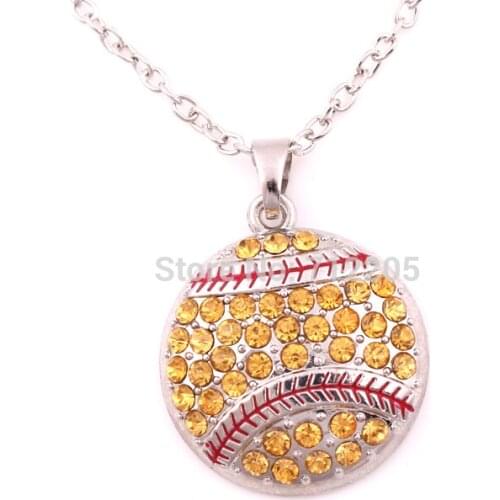 New Arrival 10pcs zinc alloy rhodium plated Baseball or Softball Pave Crystal sports Pendant chain necklaces