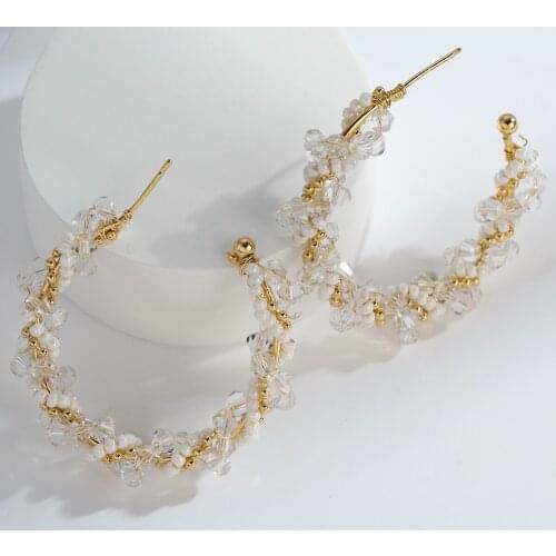 Lifefontier Elegant Crystal Pearl Beads Twist Hoop Earrings for Women Korean Weave Gold Color Metal Big Circle Earrings Jewelry