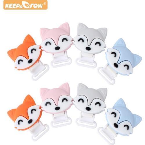 Keep&Grow 1pc Fox silicone Baby Pacifier clips Solid Color Holders Infant Soother Clasps Baby Chew Dummy Chain Adapter Toys