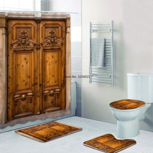 Old Vintage Wooden Barn Door Shower Curtain Set Swinging Saloon Doors Bathroom Curtains for Bathtub Wood Bath Mat Rug Toilet