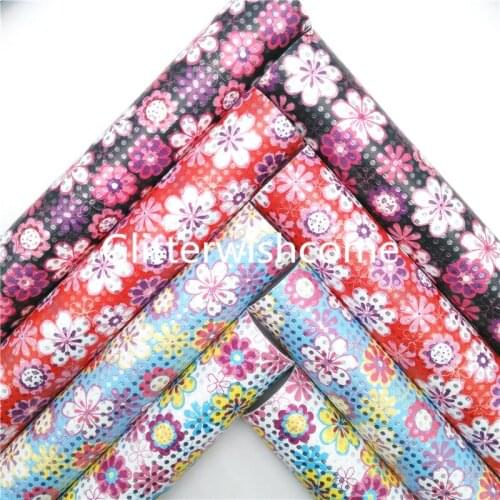 Glitterwishcome Flowers Printed Synthetic Leather Faux Fabric Sheets for Accessories Bows DIY 21X29CM GM1052B