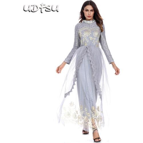 UDFSU Women Elegant Long Sleeve Bridemaid Dress Lace Vintage Tulle Party Gowns Appliques Long Dresses Arab Style Dress