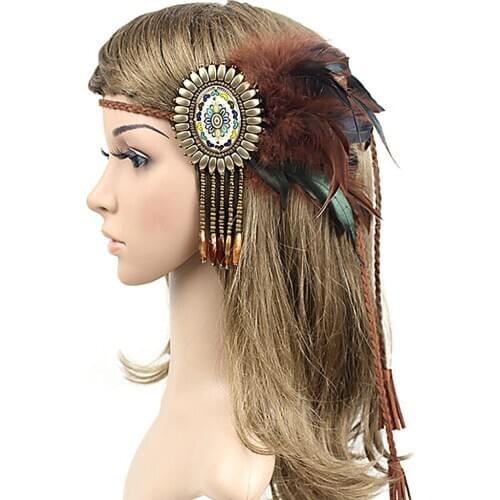 Vintage Boho Hippy Indian Feather Headband Braided Rope Headdress Fancy Dress