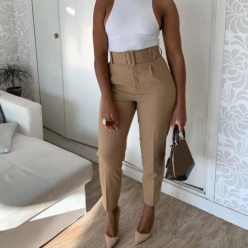 Womens Pants High Waist With Belt Classic Pockets Office Lady Ankle-length Trousers Female 2021 Spring Fashion Pink Harem Pants