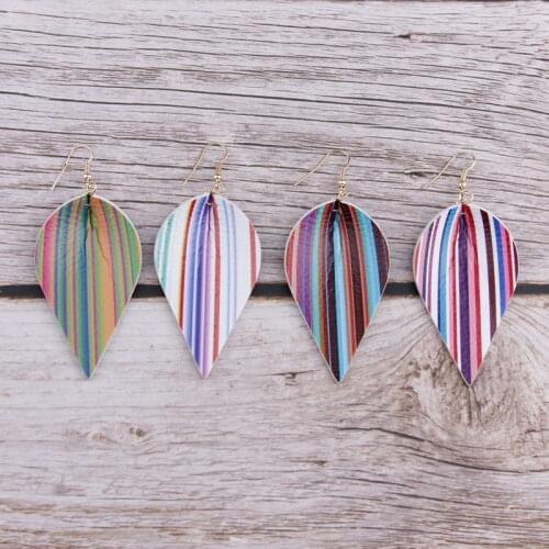Rainbow Colorful Stripes Leaf Leather Dangle Drop Earrings for Women Veggie Leather Teardrop Earrings for Women