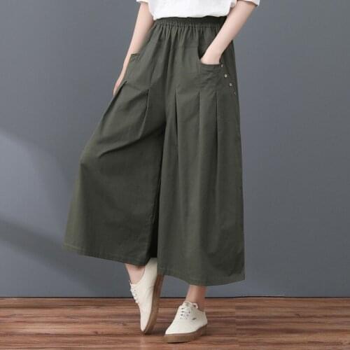 100% Cotton Women Summer Casual Wide Leg Pants New Arrival 2021 Simple Style Vintage High Waist Female Calf-length Pants B618